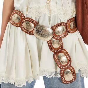 FREE PEOPLE New Supernova Cognac Brown Leather Conch Hip Belt Discs Boho M/L